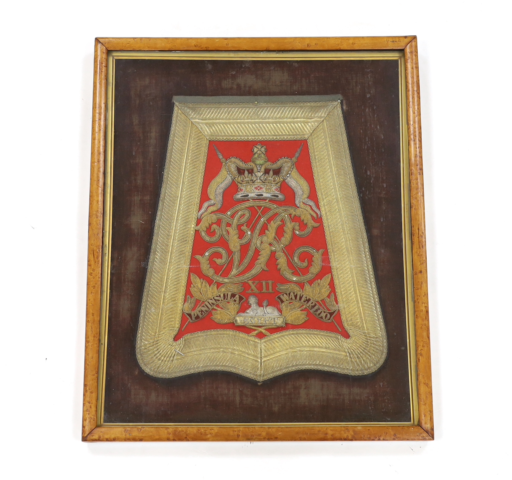 An early Victorian officer's full dress embroidered sabretache flap of the 12th (Prince of Wales's) Royal Lancers, framed and glazed (missing pouch and loops)